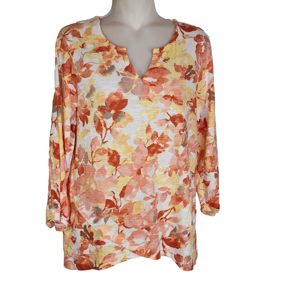 Chicos Top Tee Womens Sz 0 Small Spectrum Floral Tulip Hem Notch Neck 3/4 Sleeve - Picture 1 of 10